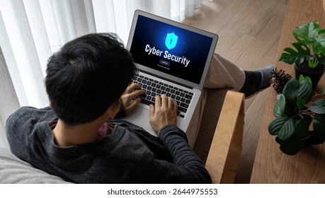 Cyber security system on computer screen protect private information snugly from hacker and cyber attack