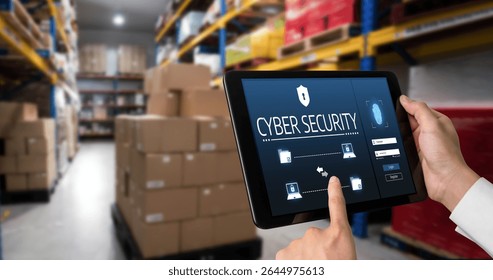 Cyber security system on computer screen protect private information snugly from hacker and cyber attack