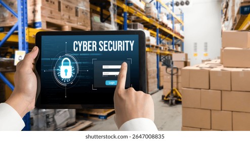 Cyber security system on computer screen protect private information snugly from hacker and cyber attack