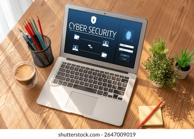 Cyber security system on computer screen protect private information snugly from hacker and cyber attack