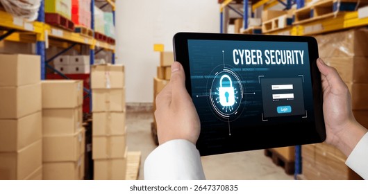 Cyber security system on computer screen protect private information snugly from hacker and cyber attack