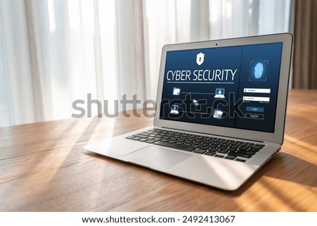 Cyber security system on computer screen protect private information snugly from hacker and cyber attack