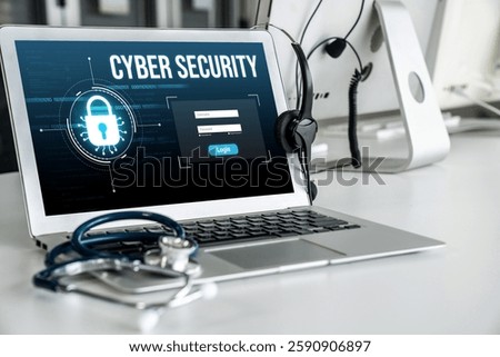 Cyber security system on computer screen protect private information snugly from hacker and cyber attack