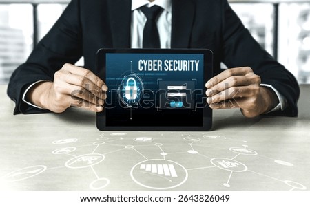 Cyber security system on computer screen protect private information snugly from hacker and cyber attack