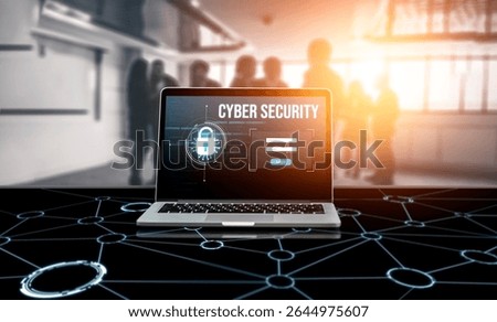 Cyber security system on computer screen protect private information snugly from hacker and cyber attack