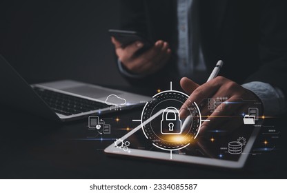 Cyber Security system Protects Data Information Safe Storage Networks. businessman using laptop Internet Secure Data Management privacy.