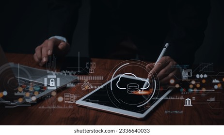 Cyber Security system Protects Data Information Safe Storage Networks. businessman using laptop Internet Secure Data Management privacy.