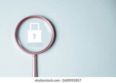 Cyber security system technology. Secure information privacy. Crime network technology. A magnifying glass is used to look at a picture of a lock. The lock is on a website. - Powered by Shutterstock - Get 15% off with code: PIKWIZARD15