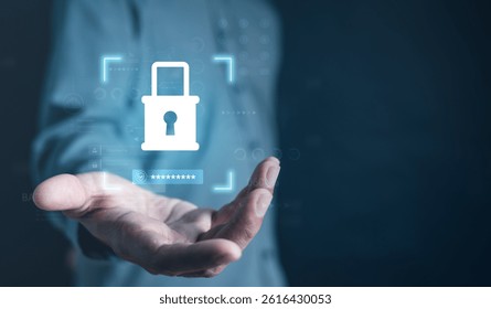 Cyber security system technology. Secure information privacy. Crime network technology. A man is holding a blue screen with a lock on it. The lock is surrounded by a blue border.