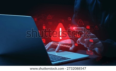 Cyber security system warning concept showing hacker hands using laptop with digital alert icons, data breach risk, malware attack, phishing scam, network protection, information security technology.