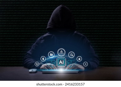 Cyber security and Tech warning or scam concept. Hackers utilize AI (Artificial Intelligence) algorithms to automate attacks, increasing speed, scalability, and sophistication. Ethical Hacking. 