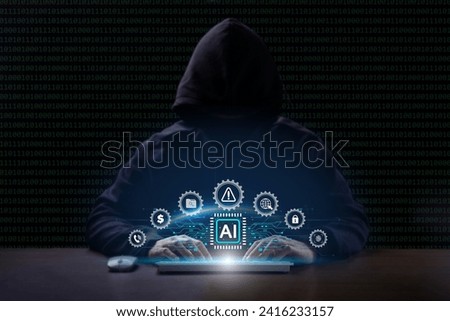 Cyber security and Tech warning or scam concept. Hackers utilize AI (Artificial Intelligence) algorithms to automate attacks, increasing speed, scalability, and sophistication. Ethical Hacking. 