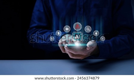 Cyber security and Tech warning or scam concept. Users show alert about using smart technology(Ai) with a virtual screen on mobile phone. Access to malicious software or online hacker threats. 