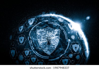 Cyber security technology and online data protection in innovative perception . Concept of technology for security of data storage used by global business network server to secure cyber information .