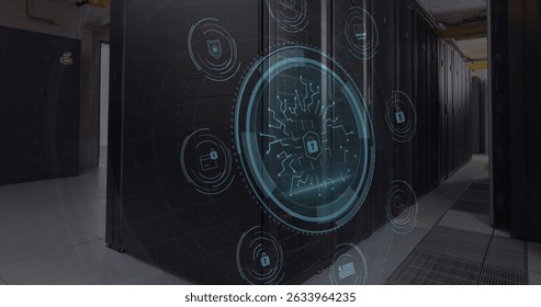 Cyber security text over round scanner against empty computer server room. Global networking and business data storage technology concept