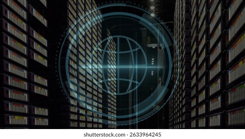 Cyber security text over round scanner against empty computer server room. Global networking and business data storage technology concept
