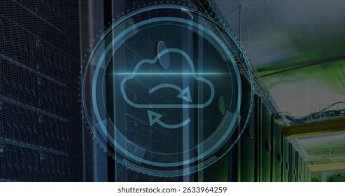 Cyber security text over round scanner against empty computer server room. Cyber security and business data storage technology concept