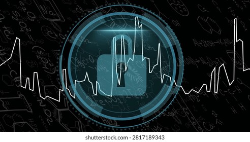 Cyber Security text shrinking, HUD forming, lock emerging, waveform pulsing, visualizing security. Padlock, shield, radar, encryption, protection, interface, digital