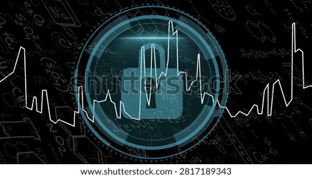 Cyber Security text shrinking, HUD forming, lock emerging, waveform pulsing, visualizing security. Padlock, shield, radar, encryption, protection, interface, digital