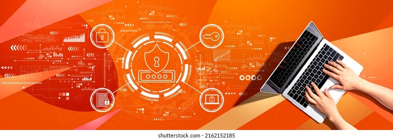 Cyber security theme with person using a laptop computer