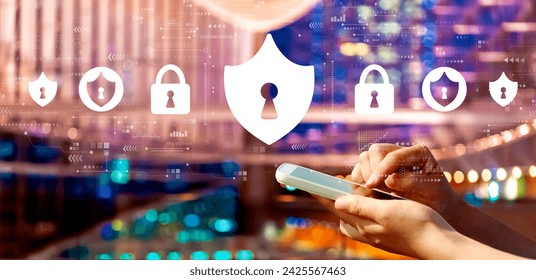 Cyber security theme with person using a smartphone in a city at night