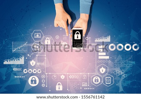 Cyber security theme with person using a white smartphone