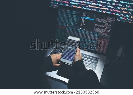 Cyber security threat. Young woman using computer and coding. Internet and network security. Stealing private information. Person using technology to steal password and private data. Cyber attack