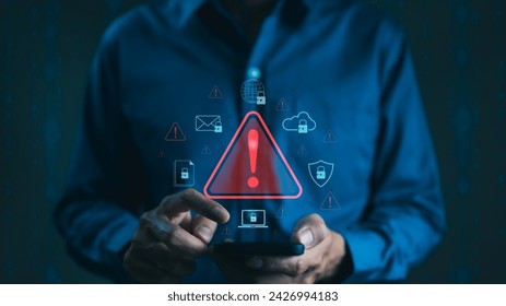 Cyber security warning alert system concept. Businessman use smartphone. Computer network hack, crime and virus, Malicious software, compromised information, illegal connection, data vulnerability,