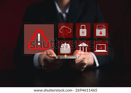 Cyber security warning alert system concept. computer network compromised illegal connection, exposing data, software, such virus, facilitate hack commit cyber crime steals sensitive information.