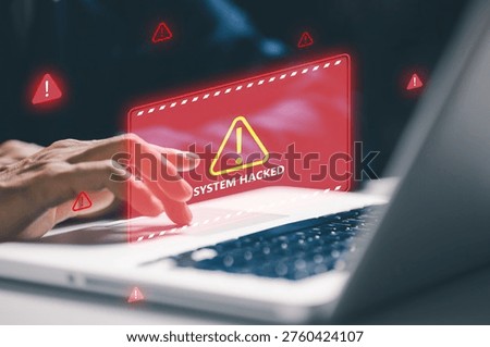 Cyber security warning with hacked system alert on laptop, representing data breach, hacking risk, network security threat and information protection in digital environment.
