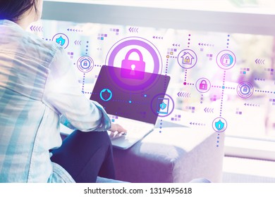 Cyber Security With Woman Using Her Laptop In Her Home Office