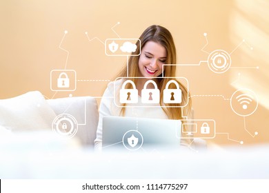 Cyber Security With Young Woman Using Her Laptop Computer At Home