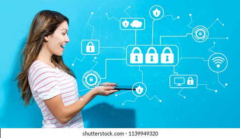 Cyber Security With Young Woman Using Her Tablet