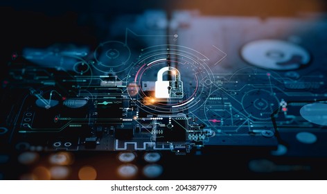 Cyber security.Digital padlock icon,Cyber security technology network and data protection technology on virtual dasboard.Online internet authorized access against cyber attack and privacy business.