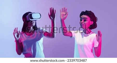 Cyber Space Exploration. Lady in VR goggles exploring metaverse with virtual avatar, playing game interacting with 3D character, exploring futuristic augmented world, purple background, panorama