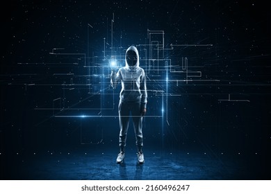 Cyber space security concept with faceless hacker in sport suit working with digital screen with lines and intersections