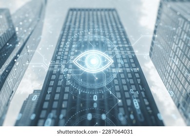Cyber spy technology hologram, virtual eye of internet control surveillance and digital invigilation on blurry city background with coding. Double exposure
