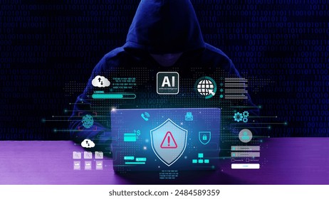 Cyber ​​security and Tech warning or scam concept. Hackers utilize AI (Artificial Intelligence) algorithms to automate attacks, increasing speed, scalability, and sophistication. AI robot hacking. - Powered by Shutterstock