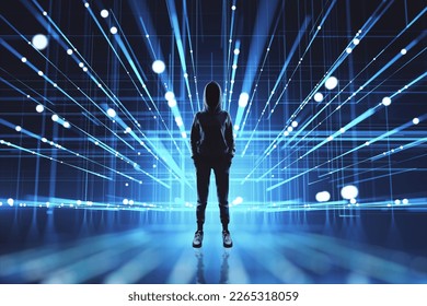 Cyber technology and anonymous concept with front view on faceless person in hoody and snickers on abstract digital background with bright glowing projection beams