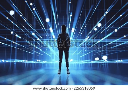 Cyber technology and anonymous concept with front view on faceless person in hoody and snickers on abstract digital background with bright glowing projection beams