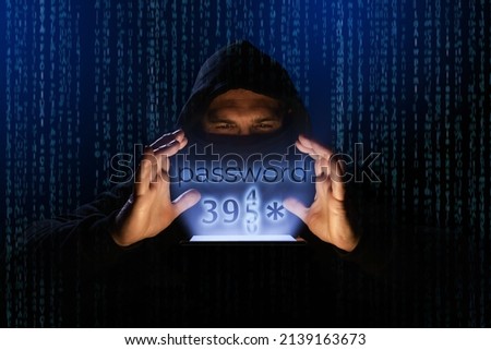 Cyber thief decoding the password of a mobile phone to steal confidential data. Phishing alarm. Cyber crime