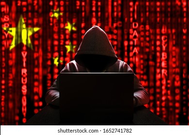 Cyber Threat From China. Chinese Hacker At The Computer, On A Background Of Binary Code, The Colors Of The Chinese Flag. DDoS Attack