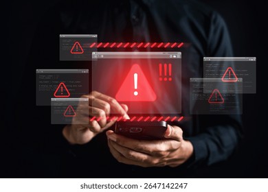 Cyber threat warning with red alert icons showing online danger. Concept of internet risk, hacking, malware, data breach, and digital security threats on mobile and smart technology platforms.