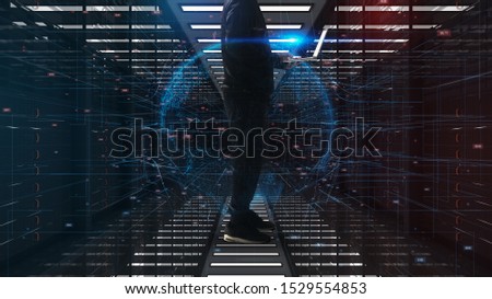 cyber warfare concept.Image of hacker man in mainframe server data center of Enemy.