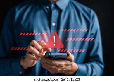 Cyber warning alert on smartphone screen symbolizing online crime threat and digital danger. Useful for cybersecurity, internet scam, phishing, and malware detection concept.