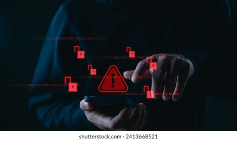 Cyberattack cybercrime hacker smartphone. Internet web hack technology. Digital mobile phone in Scammer hand. Data protection, secured internet access, cybersecurity banner, Stealing data information.