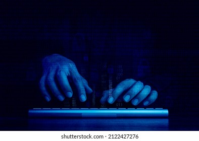 Cyberattack and internet crime, hacking and malware concepts. Digital binary code data numbers and secure lock icons on hacker' hands working with keyboard computer on dark blue tone background. - Shutterstock ID 2122427276