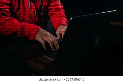Cyberattack and internet crime, hacking and malware concepts. Digital binary code data numbers and secure lock icons. Hacker hands working with keyboard laptop computer on dark room. - Powered by Shutterstock - Get 15% off with code: PIKWIZARD15