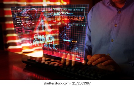Cyberattack on computer screen. Cyber attack, security breach and russian hacker abstract concept 3d with glitch effect. Man typing keyboard. - Shutterstock ID 2172383387