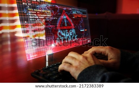 Cyberattack on computer screen. Cyber attack, security breach and russian hacker abstract concept 3d with glitch effect. Man typing keyboard.